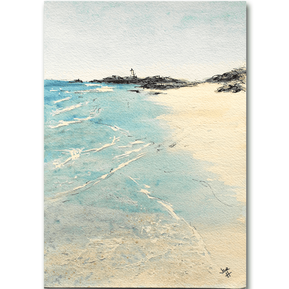 Watercolour painting of low tide at Godrevy beach, with the lighthouse in the background Watercolour painting of low tide at Godrevy beach, with the lighthouse in the background